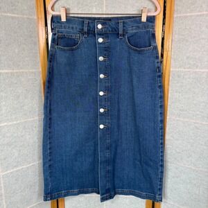 Banana Republic Denim Skirt 4 Blue Button Front Midi Stretch 5-Pocket Med Wash